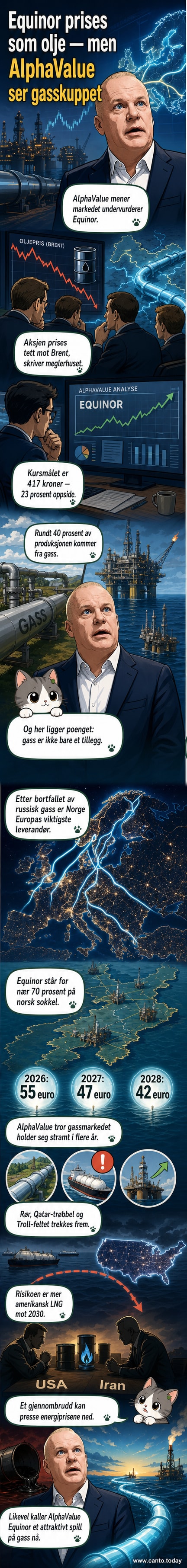 Illustrasjon av Equinor-plattform i Nordsjøen med gassflammer og prisgraf som stiger, symboliserer sterk gassposisjon og aksjeoppjustering.