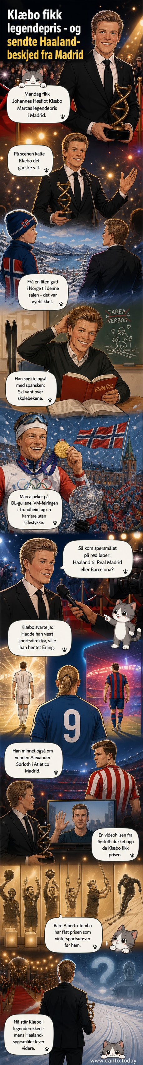 Johannes Høsflot Klæbo iført dress, smiler bredt under en prisutdeling i Madrid, flankert av andre hedret gjester.