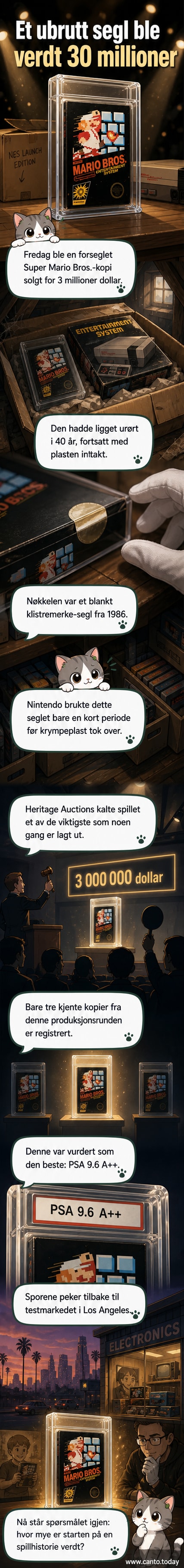En forseglet kopi av Super Mario Bros. for NES, med originalplast og konsoll, vist på en svart bakgrunn.