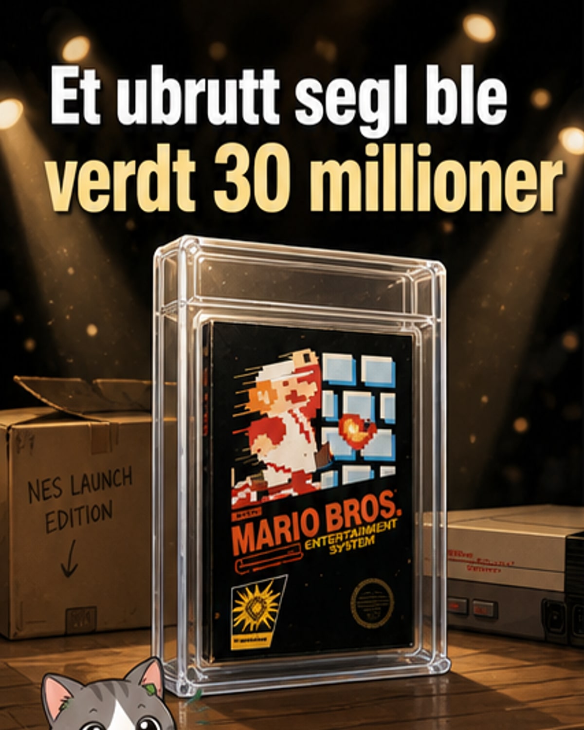 En forseglet kopi av Super Mario Bros. for NES, med originalplast og konsoll, vist på en svart bakgrunn.