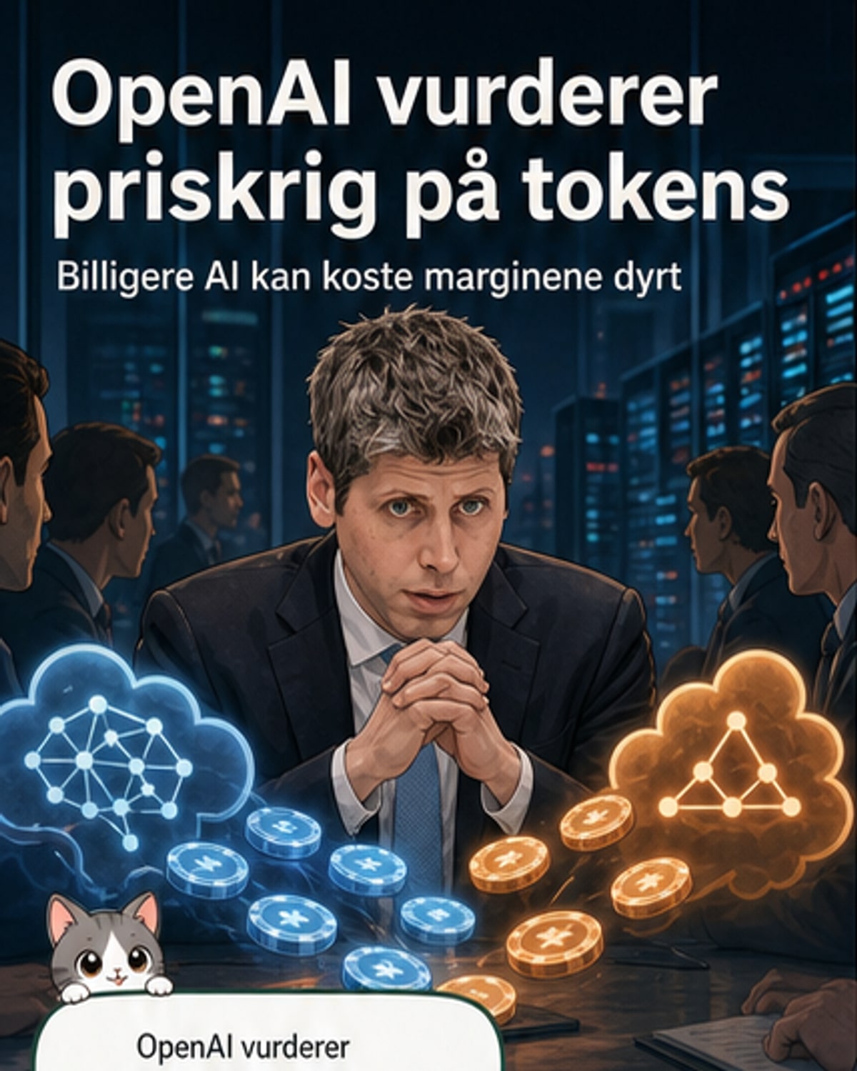 Illustrasjon av to motstående AI-selskaper med prislapper som våpen, symboliserende en forestående priskrig i AI-bransjen.