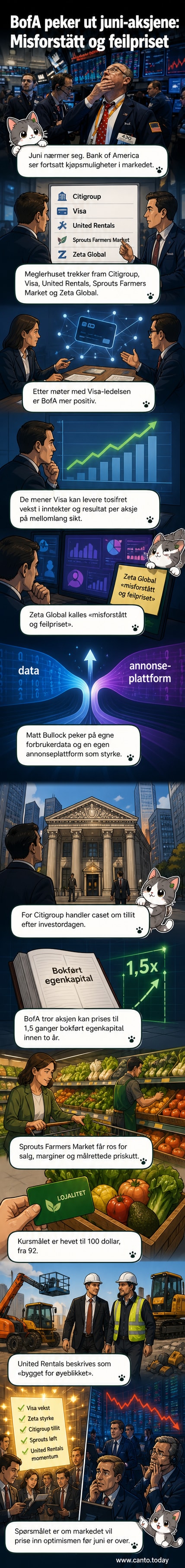 Illustrasjon av fem aksjefavoritter fra Bank of America, inkludert Visa, Zeta Global og Citigroup, med stigende grafer og analytikermøter i bakgrunnen.