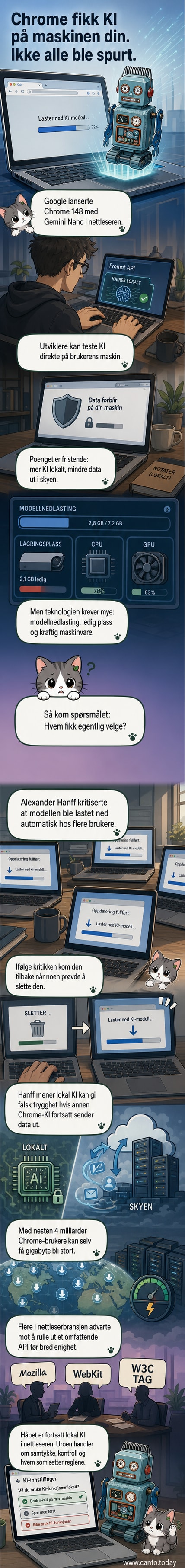 Illustrasjon av en Chrome-nettleser med en stor AI-modell som lastes ned uten samtykke, mens en bruker prøver å slette den.