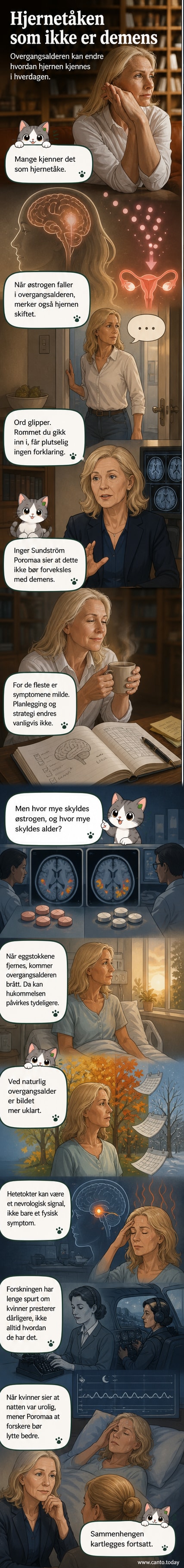 Illustrasjon av en kvinne som tenker, med symboler for hjerne og hormoner rundt hodet, mens en tåkeformet sky dekker deler av tankene.