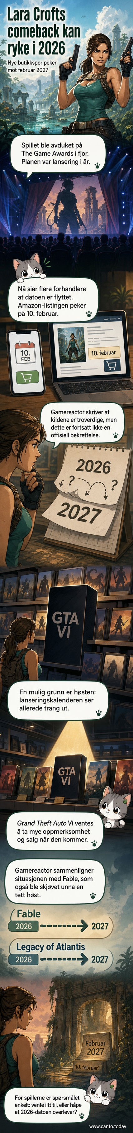 Lara Croft står på en steinplate over et hav, med solnedgang i bakgrunnen og et gammelt tempel i avstand.