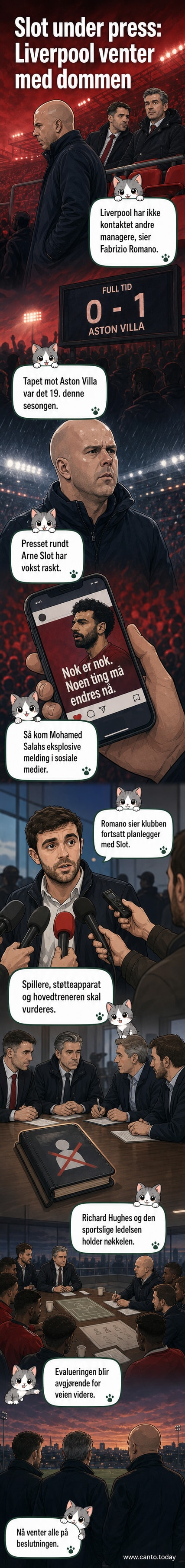 Illustrasjon av Arne Slot stående alene på en fotballtribune med nedstemt uttrykk, bakgrunnen er tomme tribuner og regn.