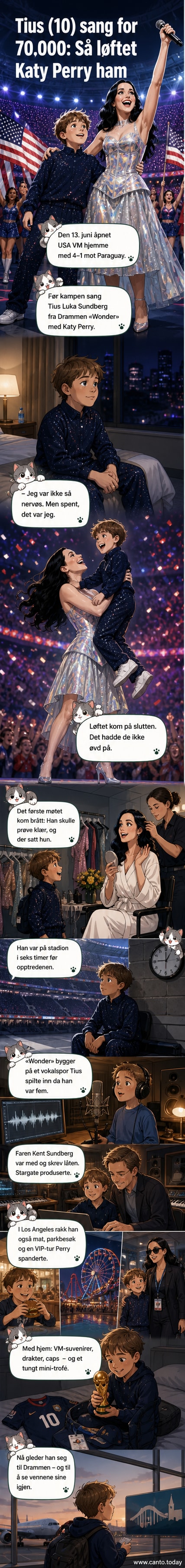 Tius Luka Sundberg (10) fra Drammen står på scenen sammen med Katy Perry under VM-åpningen i Los Angeles og smiler mot publikum.