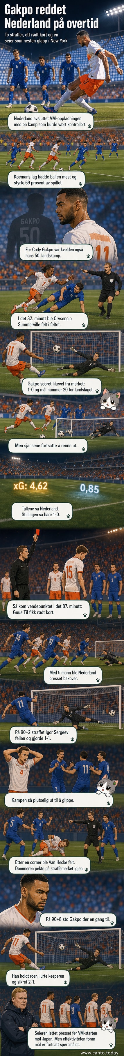 Cody Gakpo står alene ved straffemerket i Icahn Stadium, med keeper på vei til å hoppe mens publikum ser spent på.