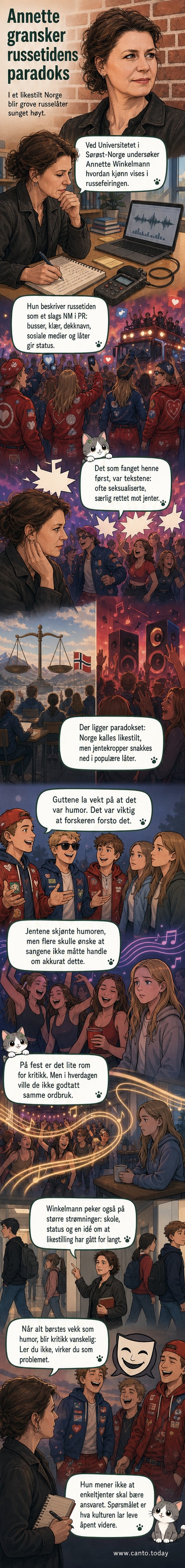 Illustrasjon av en russ med mikrofon som synger en sang med tekstbubbler som viser nedvurderende ord mot jenter, mens andre russ danser i bakgrunnen. En jente står litt til side og ser usikker ut.
