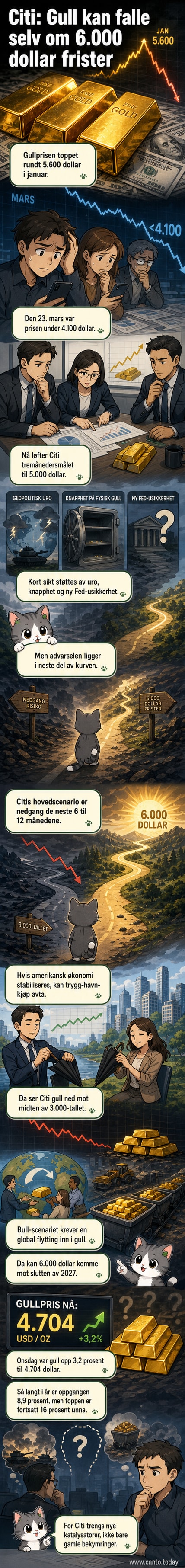 Illustrasjon av en gullbar som deler seg i to veier – en som stiger bratt og en som faller – med tallene 3.500 og 6.000 på hver gren.