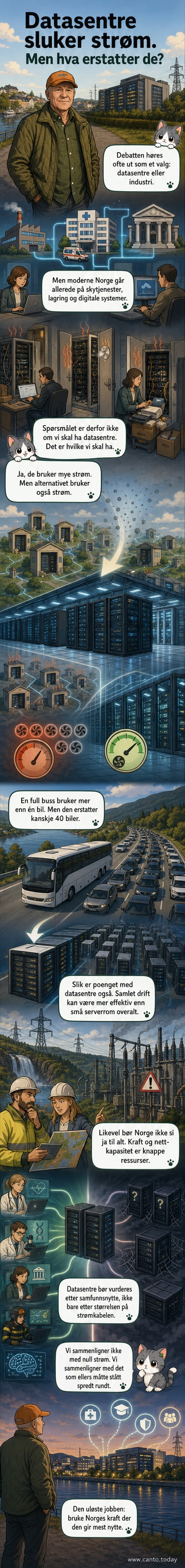 En illustrasjon som viser et stort datasenter i forgrunnen og mange små serverrom spredt i bakgrunnen, med en energistrøm som viser lavere total forbruk fra datasenteret.