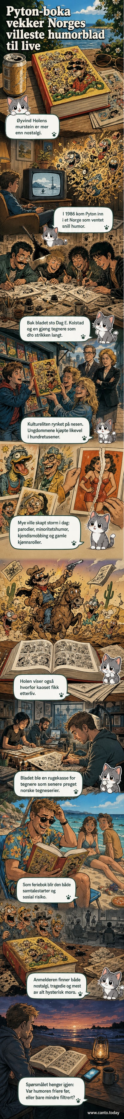 Illustrasjon av en gammeldags tegneserietegner med stift i hånd, omgitt av kaotiske tegninger fra Pyton, inkludert Dølle Døck og Bottolf Nerd.