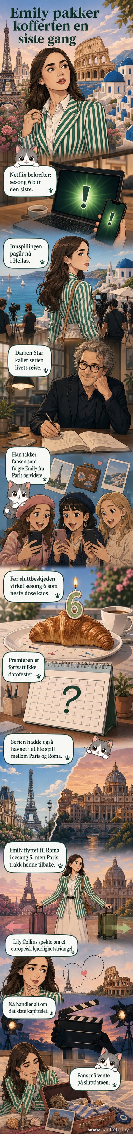 Lily Collins som Emily står i Paris med utsikt over byen, mens en croissant med et '6'-lys på toppen minner om seriens siste sesong.