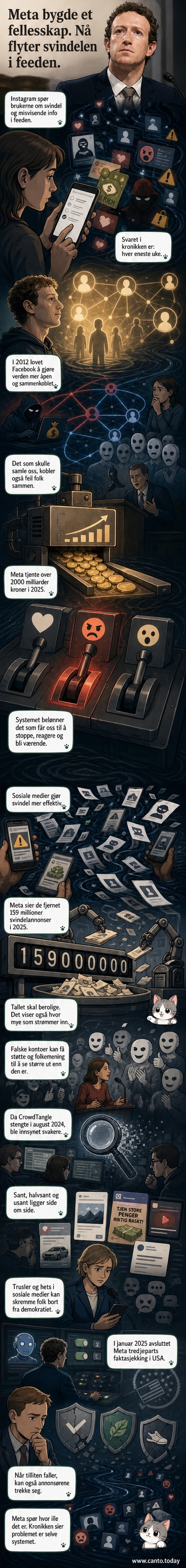 Illustrasjon av en algoritme som deler innhold i en mobilfeed: sannhet, svindel, konspirasjoner og annonser flyter sammen i samme strøm.