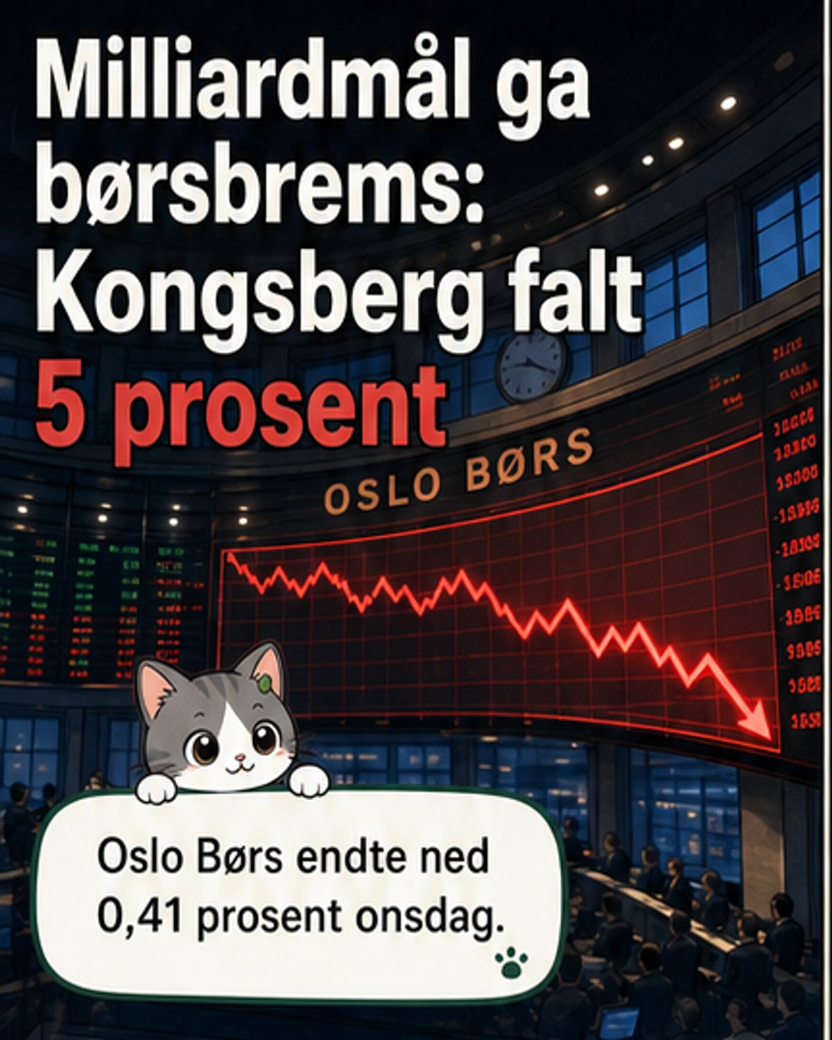 Aksjekurs for Kongsberg Gruppen faller bratt på graf med Oslo Børs-indeks i bakgrunn