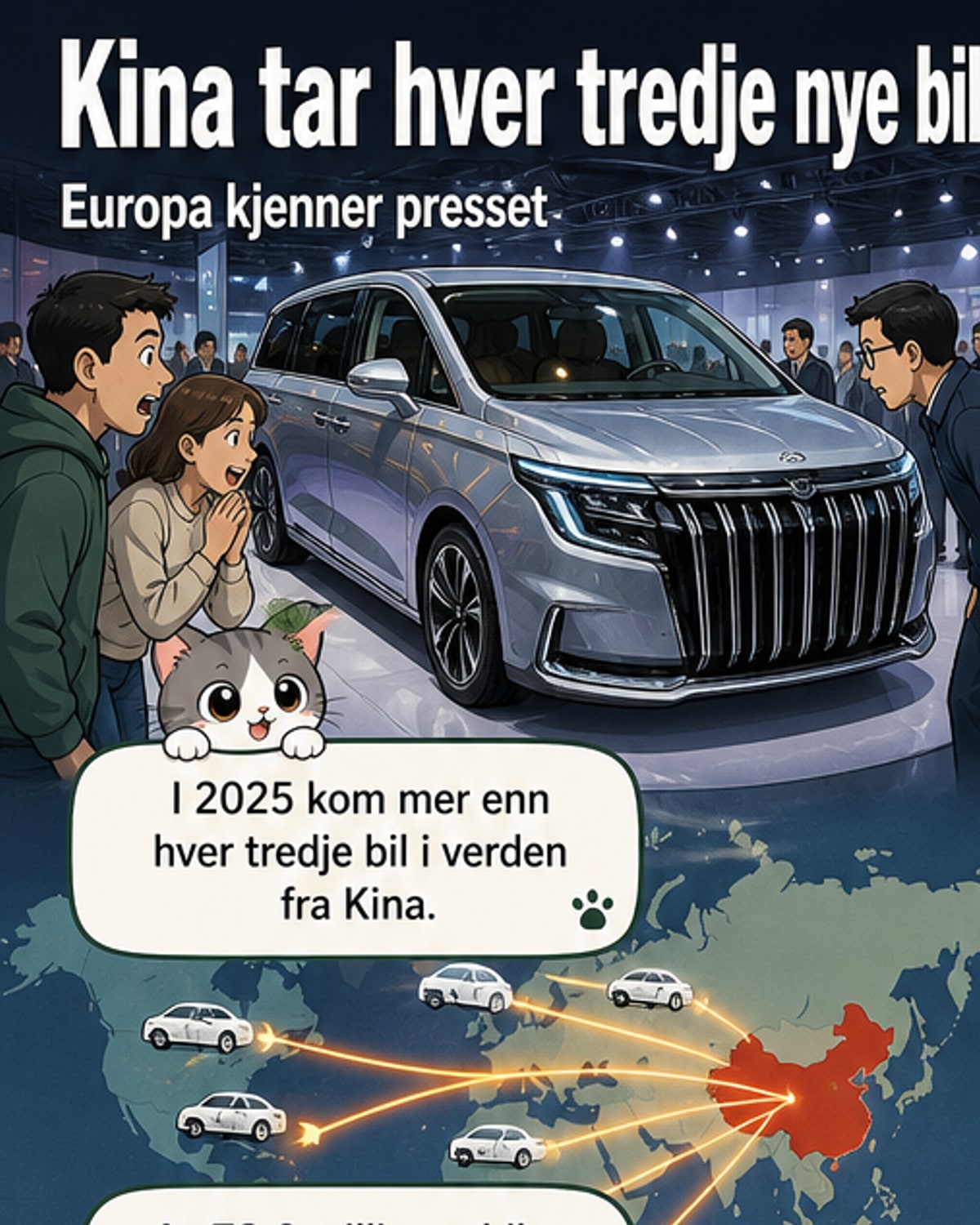 Illustrasjon av en moderne kinesisk elbil som kjører forbi en fabrikk med flagg fra ulike land, mens et stort '37,4%'-tall lyser i bakgrunnen.