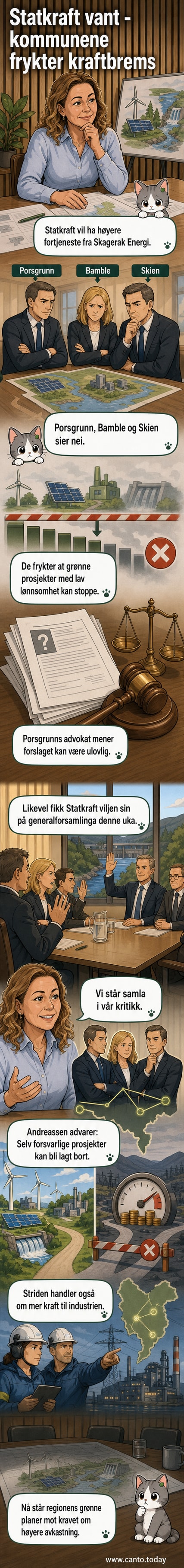 Illustrasjon av en kraftverksskala som tipper mot penger i stedet for vindturbiner og solpaneler, symboliserer konflikt mellom fortjeneste og bærekraft.