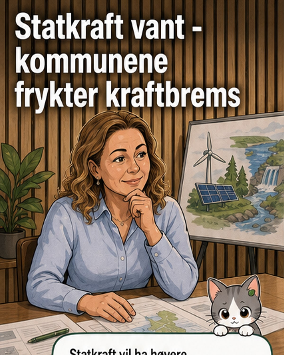 Illustrasjon av en kraftverksskala som tipper mot penger i stedet for vindturbiner og solpaneler, symboliserer konflikt mellom fortjeneste og bærekraft.