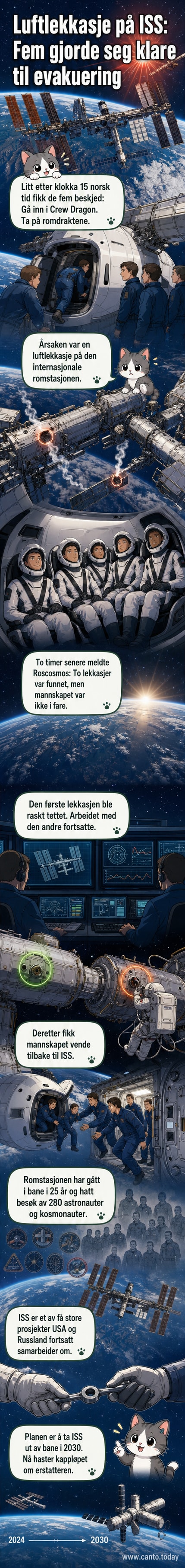 Romstasjonen ISS i jordbane med et Crew Dragon-romskip dokket til, illustrasjon av teknisk hendelse.