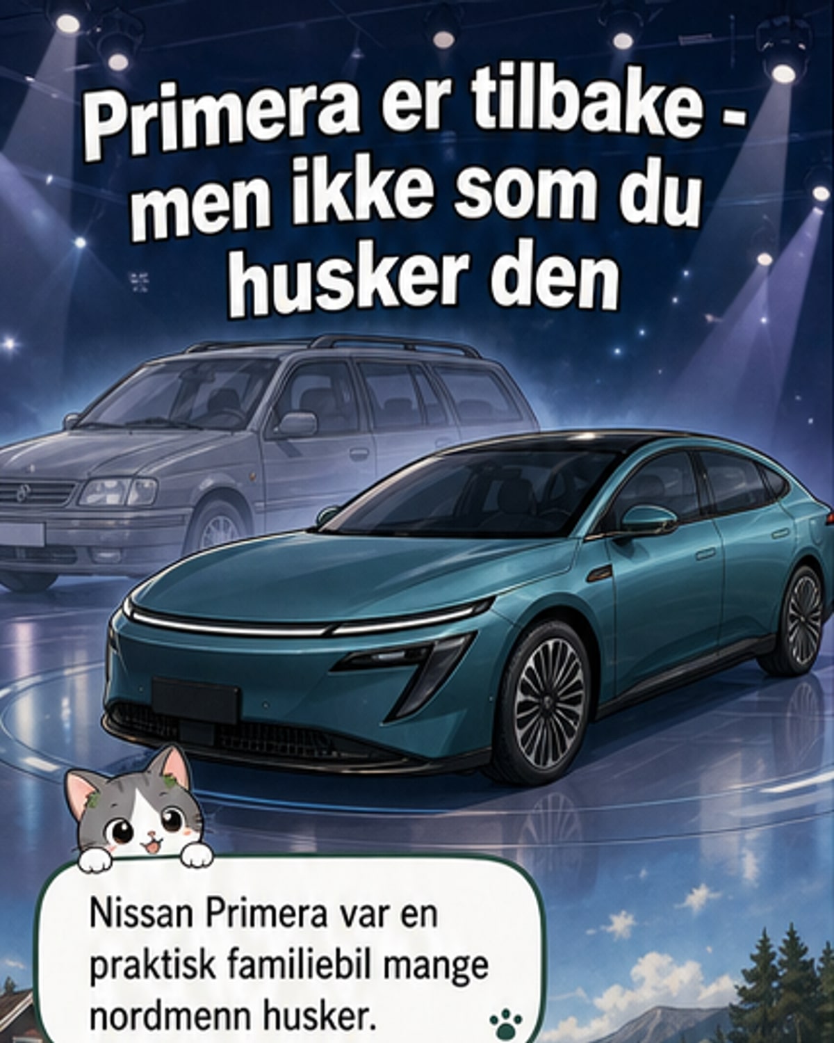 Nissan Primera EV i full elektrisk design med moderne linjer og stort interiør med skjermer.