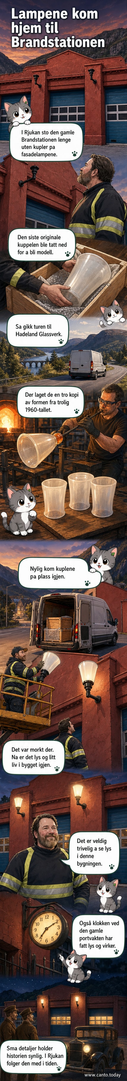 En historisk lyskuppel er montert på fasaden til Brandstationen i Rjukan, med blågrå himmel i bakgrunnen.