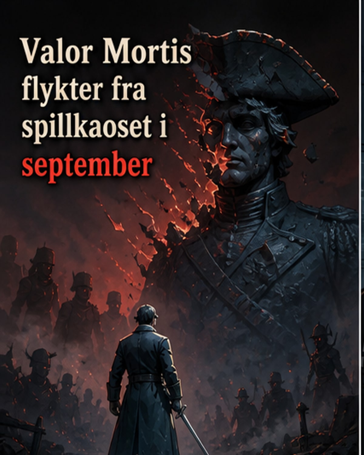 En actionfylt scene fra spillet Valor Mortis med en maskert figur i bevegelse mot en dystopisk bakgrunn med rødt og svart lys.
