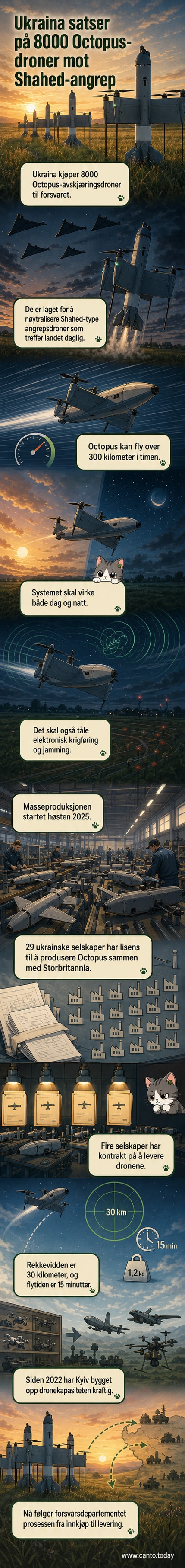 Illustrasjon av en Octopus-avskjæringsdrone i nattlige forhold, med lys fra kamera og rørmotor mot mørk himmel.
