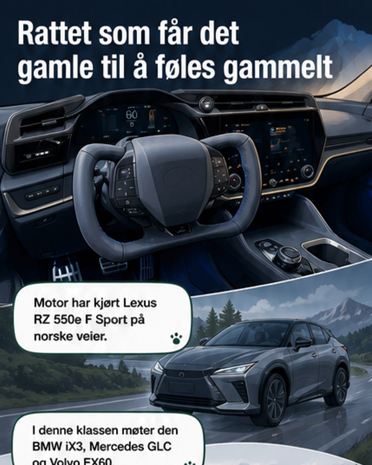 Lexus RZ 550e med rektangulært ratt og elektronisk styring på norsk landevei