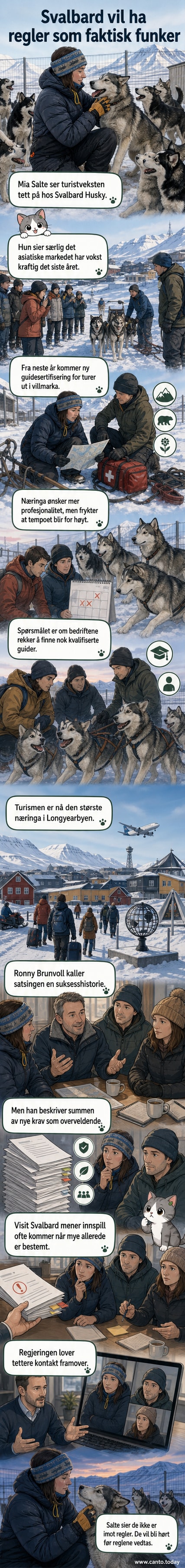 Mia Salte står blant huskyer klare for sledetur på Svalbard, mens turister ankommer flyplassen i bakgrunnen.