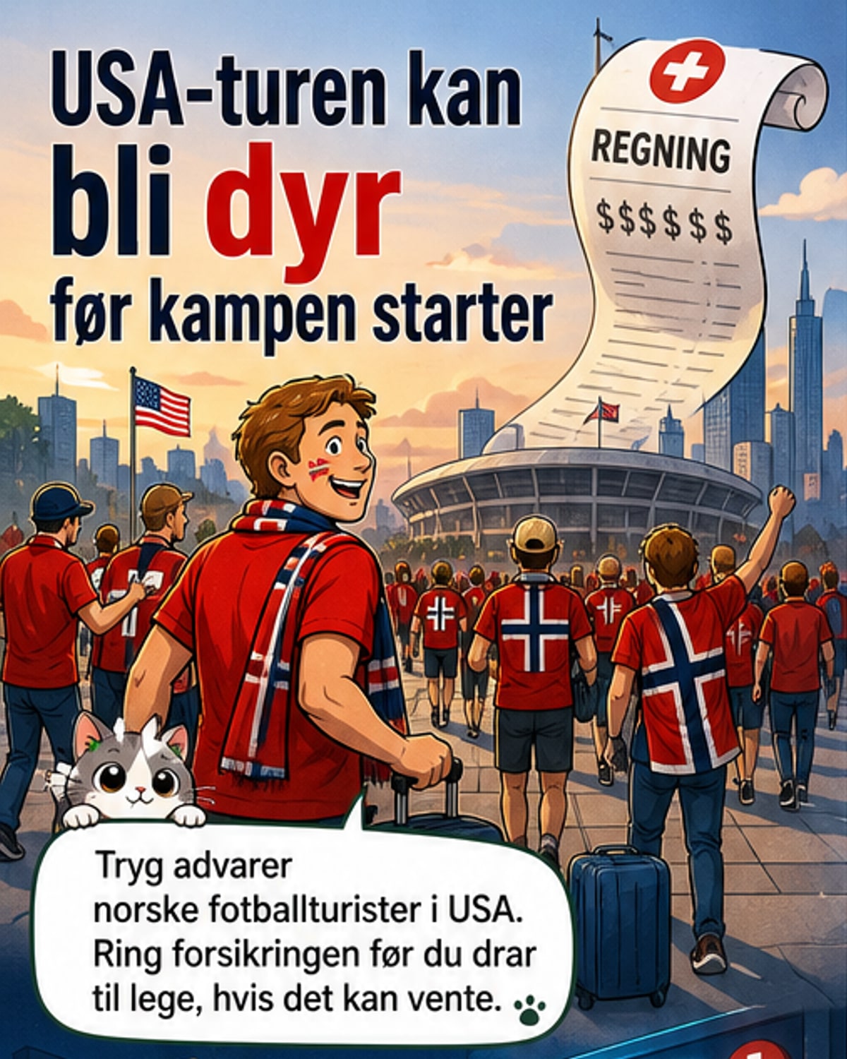 Illustrasjon av en norsk turist som ser stresset ut mens han holder en medisinsk regning fra USA med et stort beløp i dollar og kroner vist tydelig.