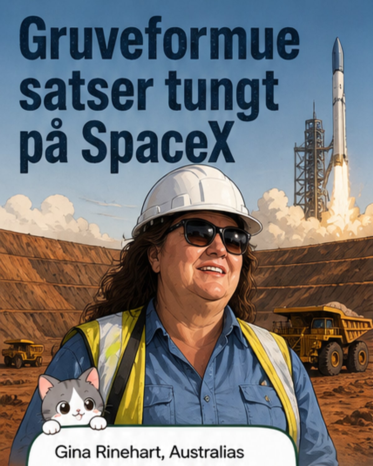 Gina Rinehart, Australias rikeste person, står foran et bilde av en SpaceX-rakett, med fokus på en stor investering i romfartsindustrien.