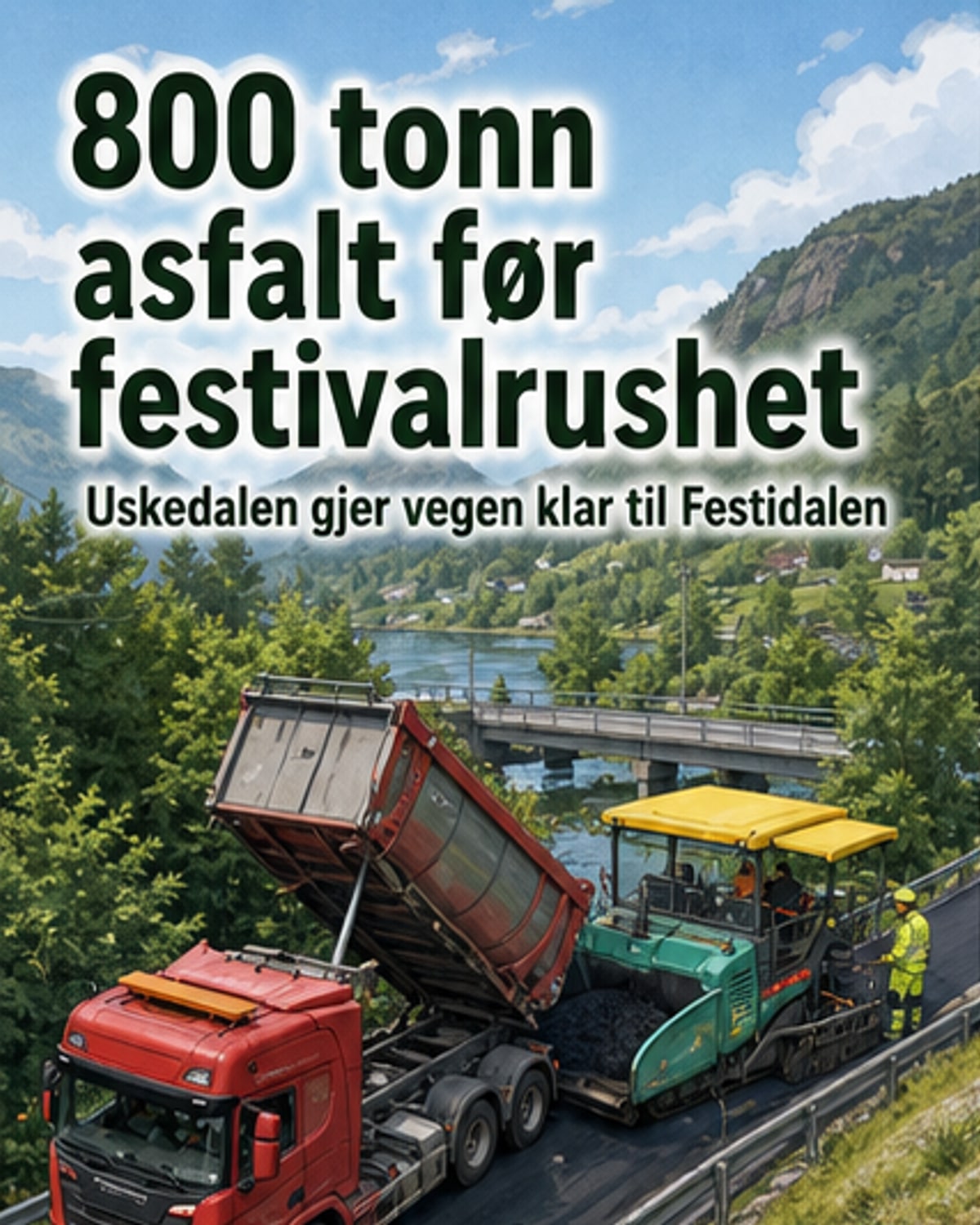 Lastebiler kjører på ny asfaltert vei i Uskedalen med fjell i bakgrunnen, forberedt før Festidalen.