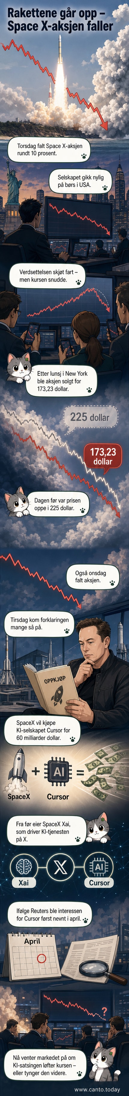 Illustrasjon av en SpaceX-rakett som skyter opp mot himmelen, mens en graf for aksjekursen går nedover i motsatt retning.