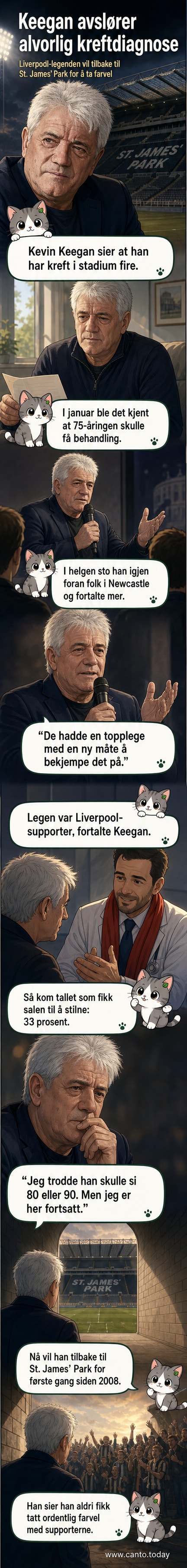 Kevin Keegan under en offentlig opptreden i Newcastle, smilende men tydelig preget av alder og sykdom.