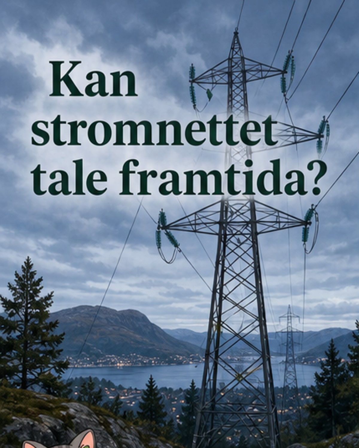 Illustrasjon av et moderne strømnett med symboler for vind, sol og datasikkerhet som viser utfordringer fra klima og cybertrusler.