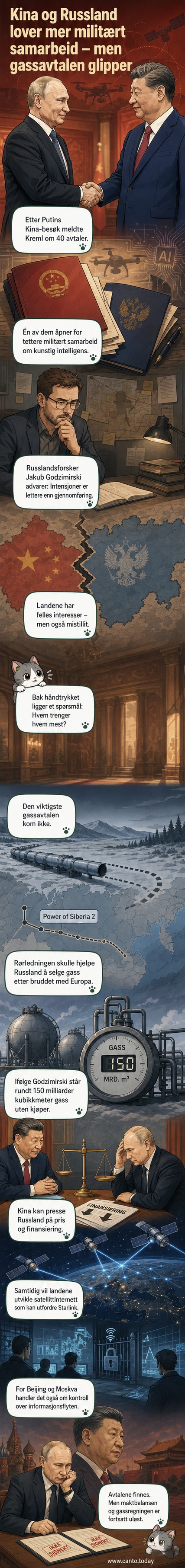 To lederfigurer skrives under på en avtale ved et bord dekket med flagg, mens roboter og satellitter svirrer i bakgrunnen.