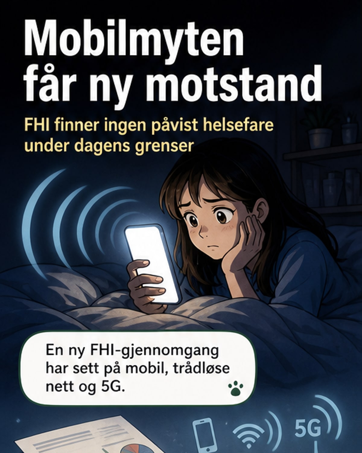 Illustrasjon av en person som bruker mobiltelefon under en blå himmel med bølger som symboliserer elektromagnetisk stråling, hvor pilene peker nedover og viser at nivået er godt under farlig grense.