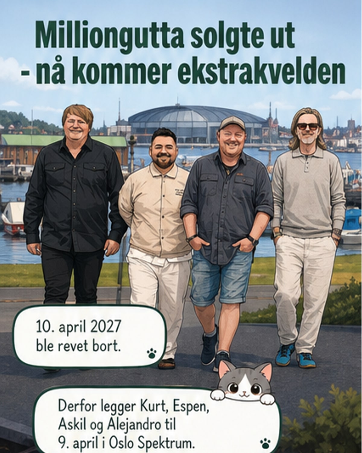 De fire medlemmene av Milliongutta – Kurt Nilsen, Espen Lind, Askil Holm og Alejandro Fuentes – står smilende sammen på en scene, omgitt av musikkutstyr og varm lyssetting.