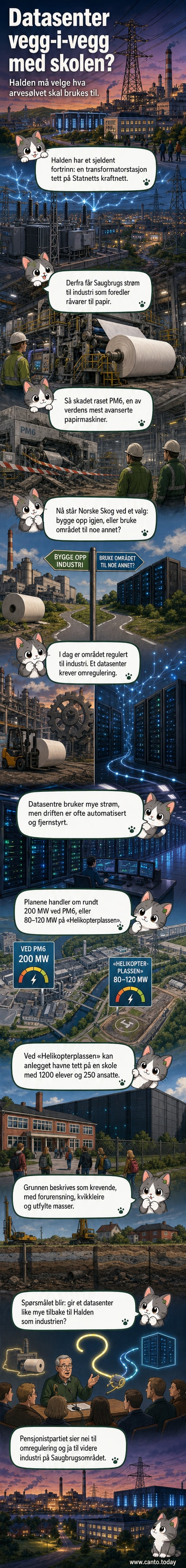 Illustrasjon av et datasenter og en papirfabrikk som vurderes på samme tomt i Halden, med skole og boliger i bakgrunnen.