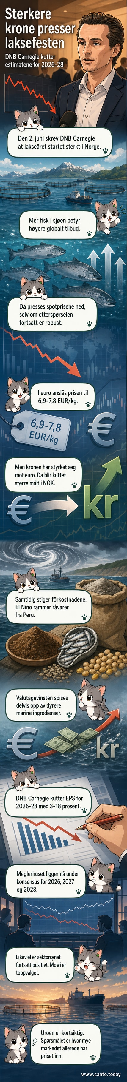 Illustrasjon av en laks med grafikk i bakgrunnen som viser fallende pris- og valutakurver, samt varm havtemperatur indikert med rødt fargefelt.