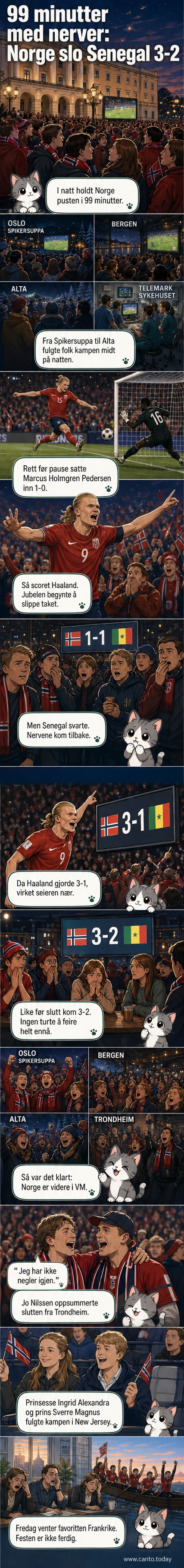 Norske fotballfans feirer seier over Senegal med roing og jubel i Spikersuppa, mens skjermen viser 3–2-resultat.