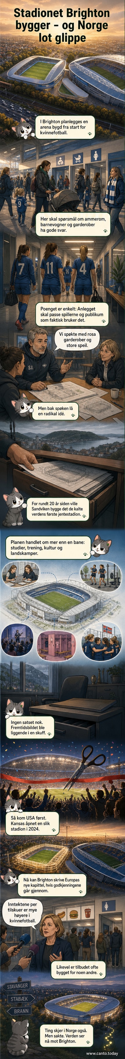 Illustrasjon av et moderne fotballstadion med kvinner i spillertøy som går inn gjennom en hovedinngang merket 'Built for Her'. Omkring dem er ammerom, barnevogner og lekeområder synlig.