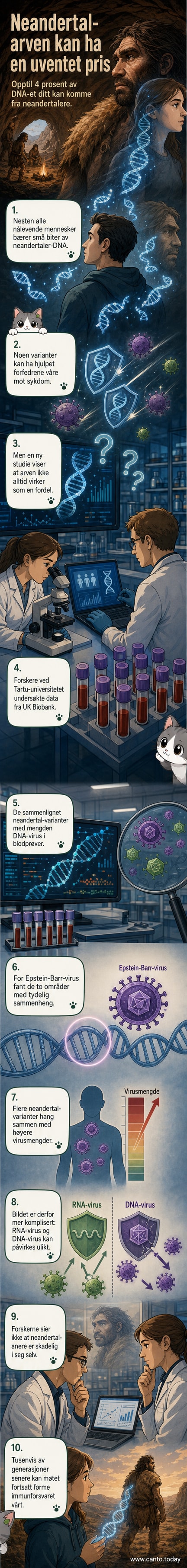 Illustrasjon av et moderne menneske med DNA-streng som viser innslag av neandertaler-gener og viruspartikler.