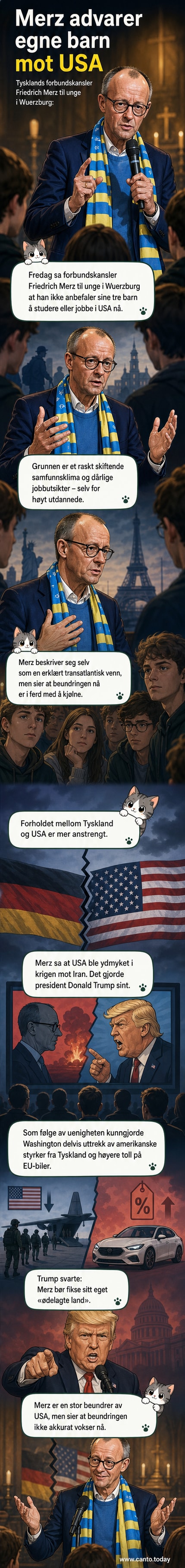 Tysk forbundskansler Friedrich Merz taler til et publikum, med bilde av amerikanske soldater i bakgrunnen.