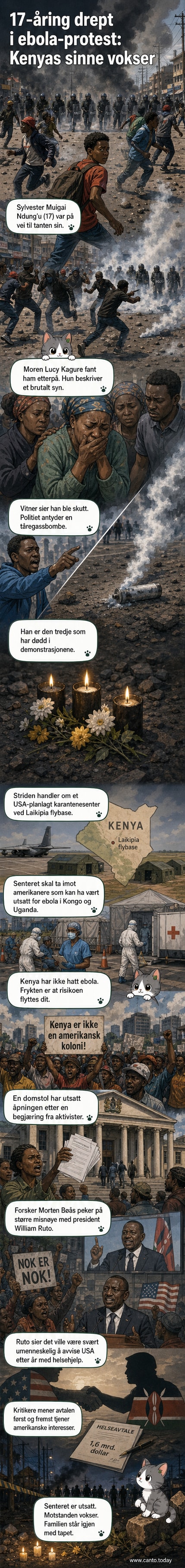 Demonstranter i Nairobi holder plakater og roper slagord mot et amerikansk ebola-karantenesenter, politiet står i fullt utstyr i bakgrunnen.