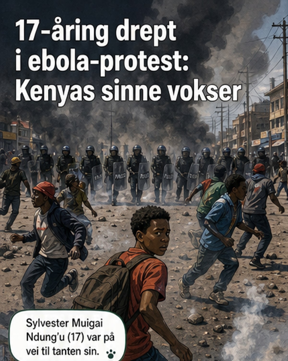 Demonstranter i Nairobi holder plakater og roper slagord mot et amerikansk ebola-karantenesenter, politiet står i fullt utstyr i bakgrunnen.