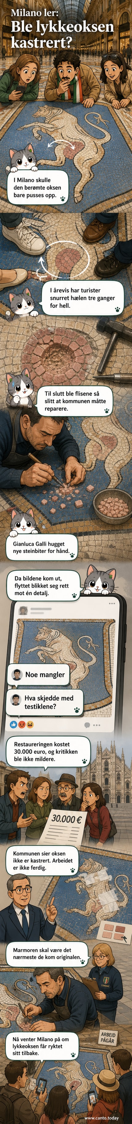 Delvis restaurert mosaikk av en okse i en italiensk handlegalleri, med fokus på nedre del der testikler burde vært synlige, men nå er dekket av ny marmor.