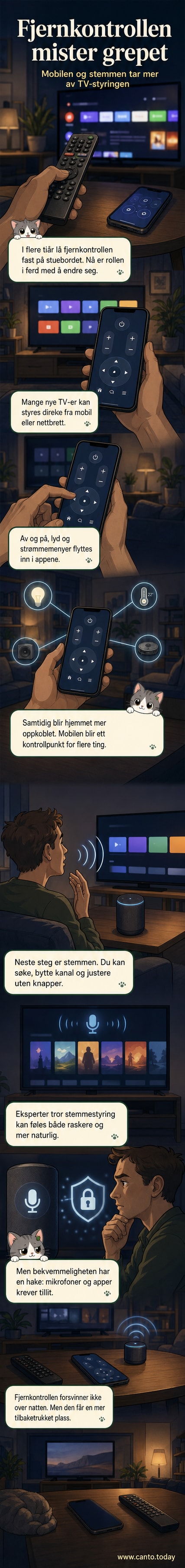 En moderne stue hvor en person holder en smarttelefon i stedet for en fjernkontroll, mens en stemmeaktivert høyttaler lytter i bakgrunnen.
