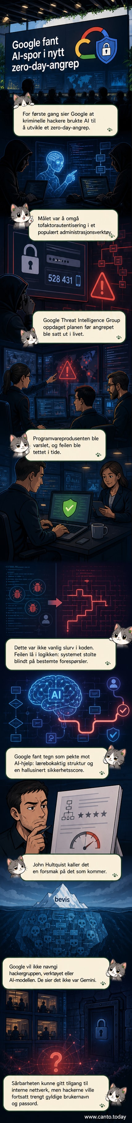 Illustrasjon av en AI-robot som analyserer kode på en skjerm, med røde advarselstegn og låste nettverk i bakgrunnen.