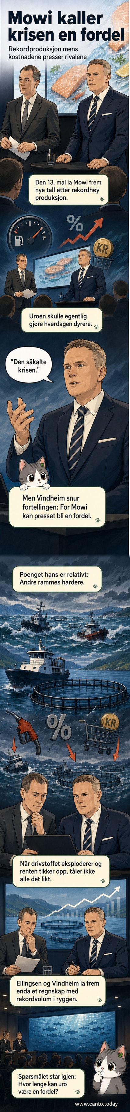 Illustrasjon av Mowi-sjefen som står rolig mens verden rundt ham bråner med høye priser og kaos, men han smiler og holder et oppskriftskort med Mowis produksjonsplan.